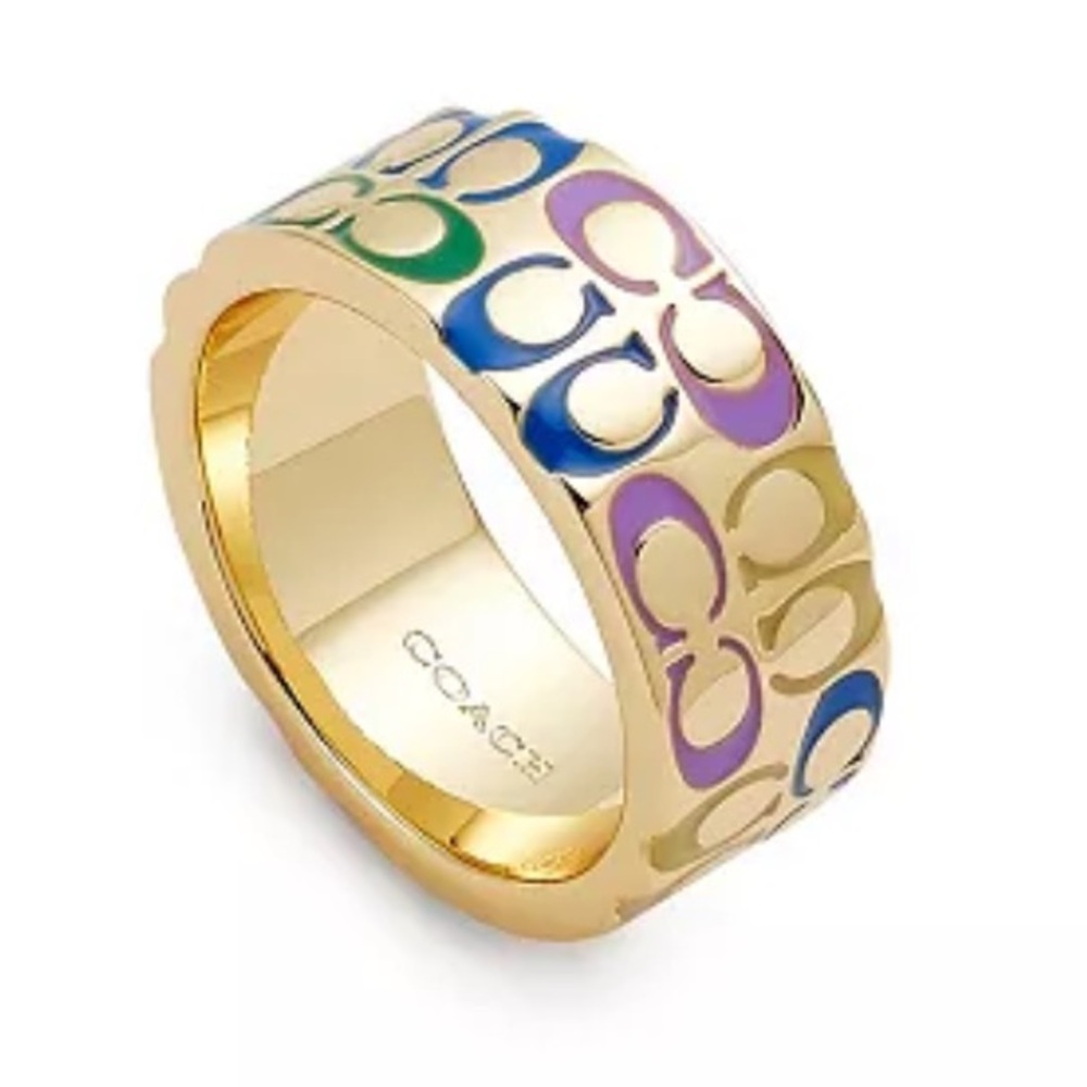 NEW COACH Gold Multicolor Signature Enamel Band Ring Rainbow Logo Design - Sz 7